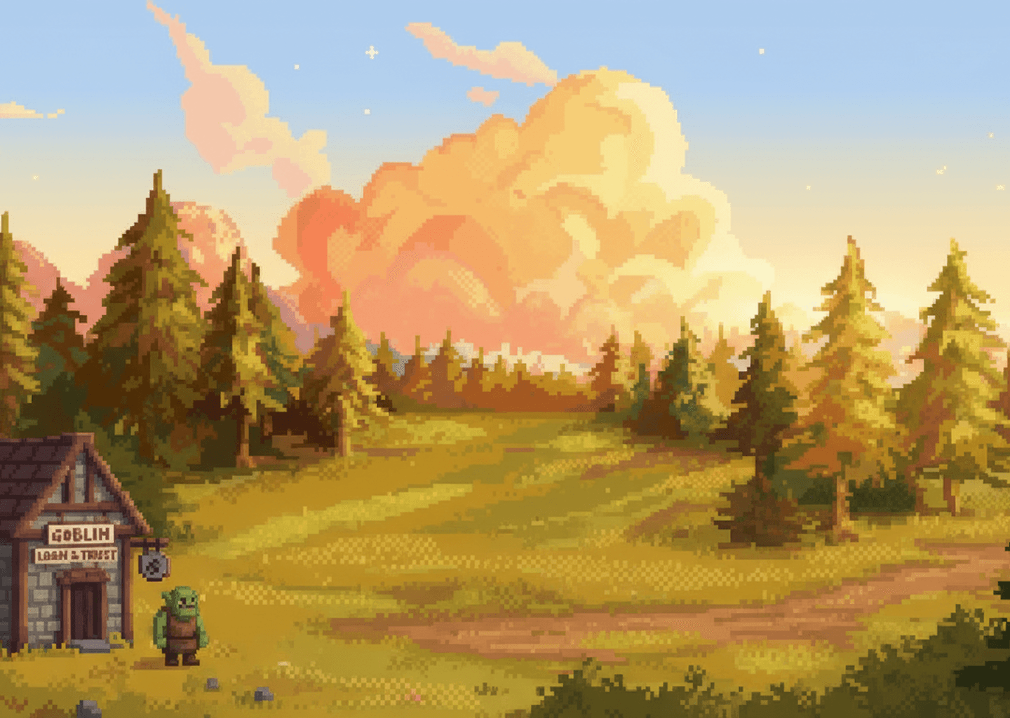 Pixel landscape with Goblin Loan and Trust building