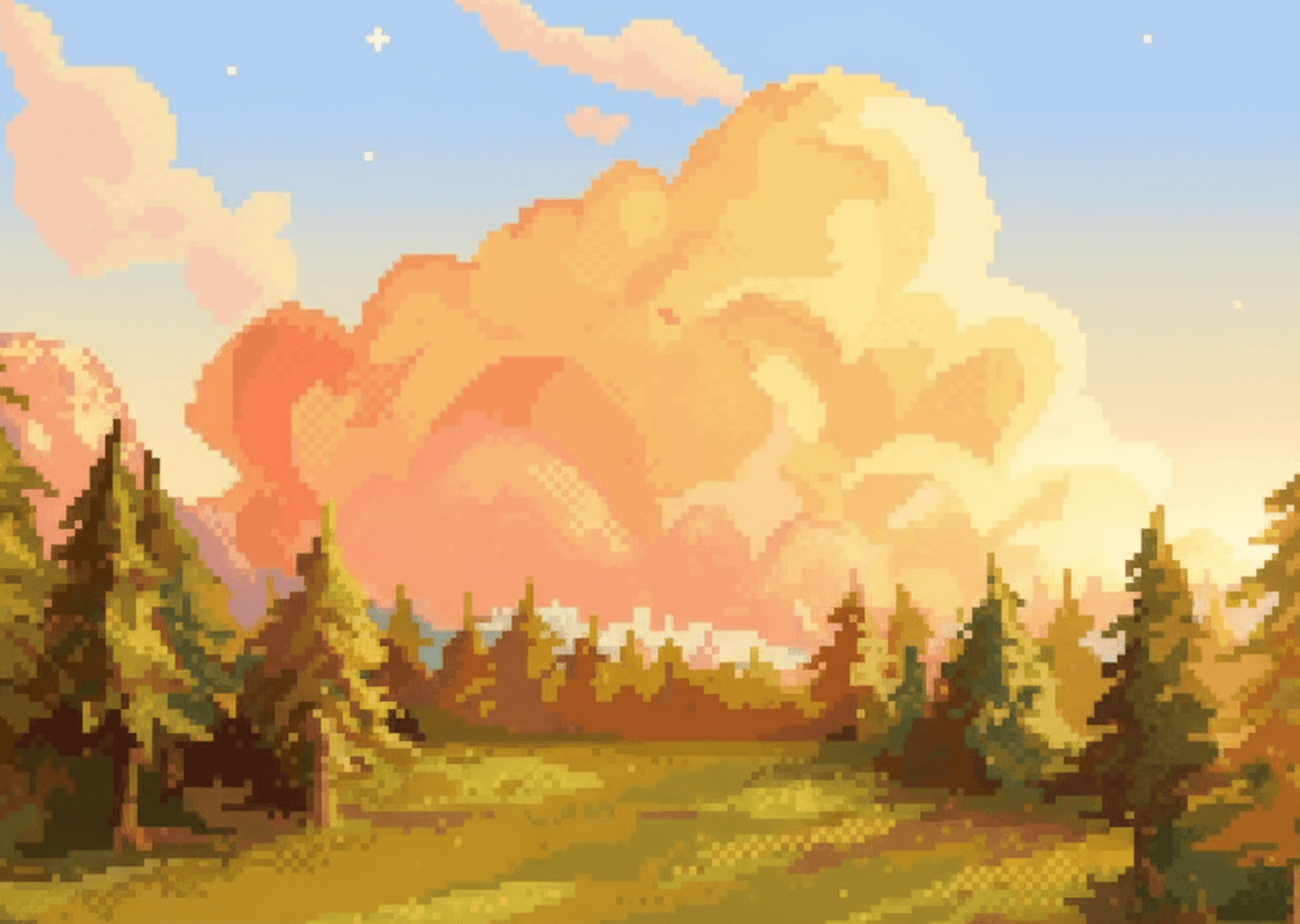 Pixel landscape with forest and sunset sky